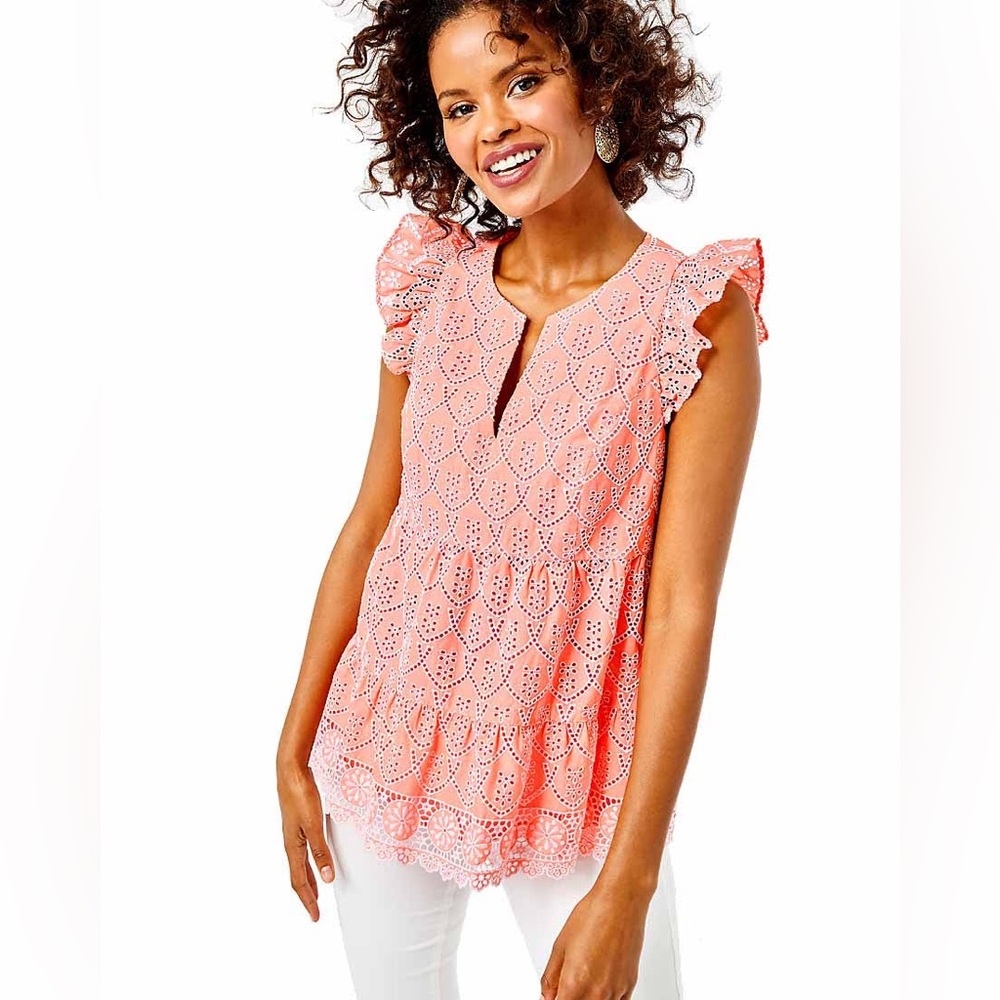 NWT Lilly Pulitzer Peach Hyacinth Orange Keila Eyelet Top